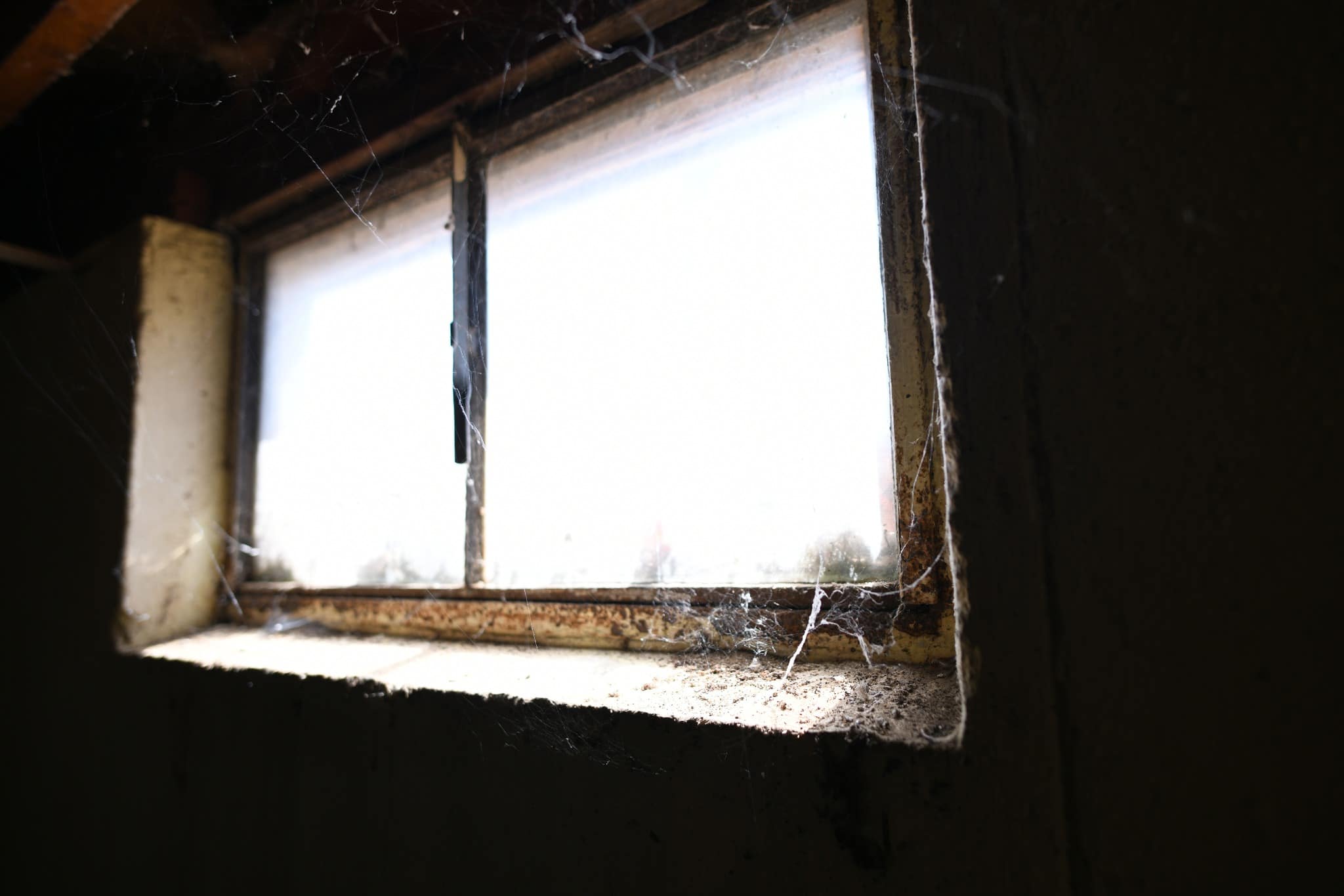 A basement window with cobwebs.